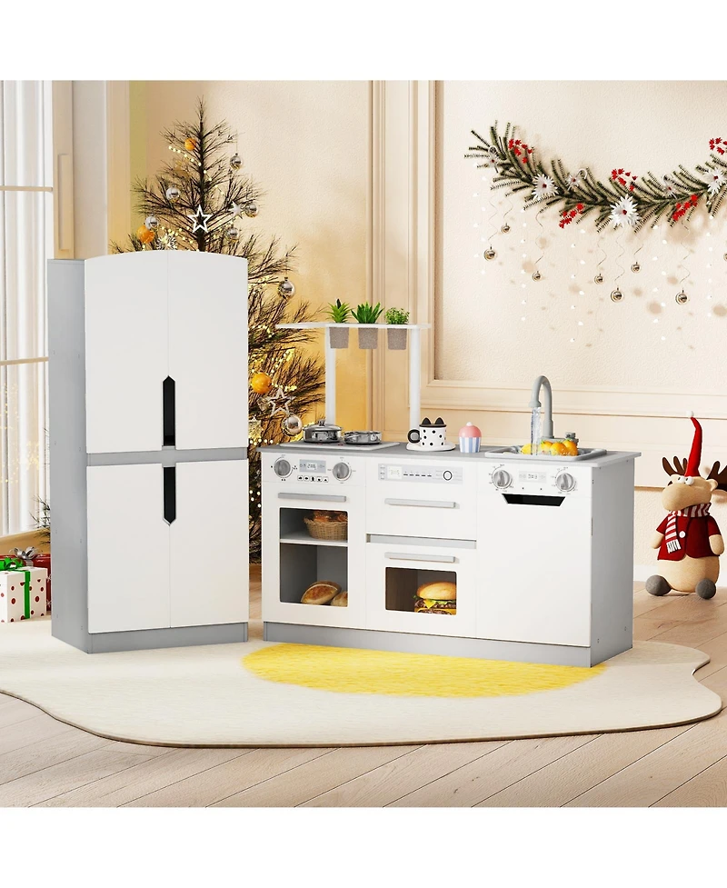 Mecale Wooden 2-Piece Kids Kitchen Playset with Fridge & Running Water for Imaginative Play