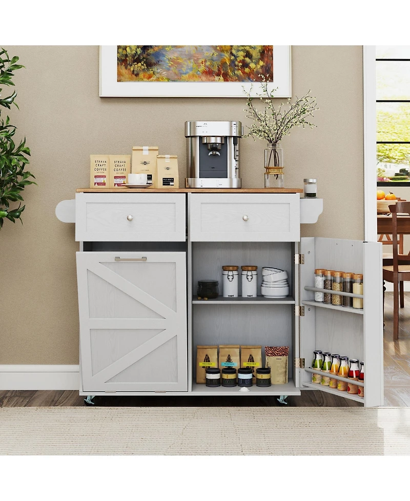 Volenca Wood Rolling Kitchen Island Cart with Trash Can Cabinet, Storage Shelves & Rubber Wheels