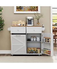 Volenca Wood Rolling Kitchen Island Cart with Trash Can Cabinet, Storage Shelves & Rubber Wheels