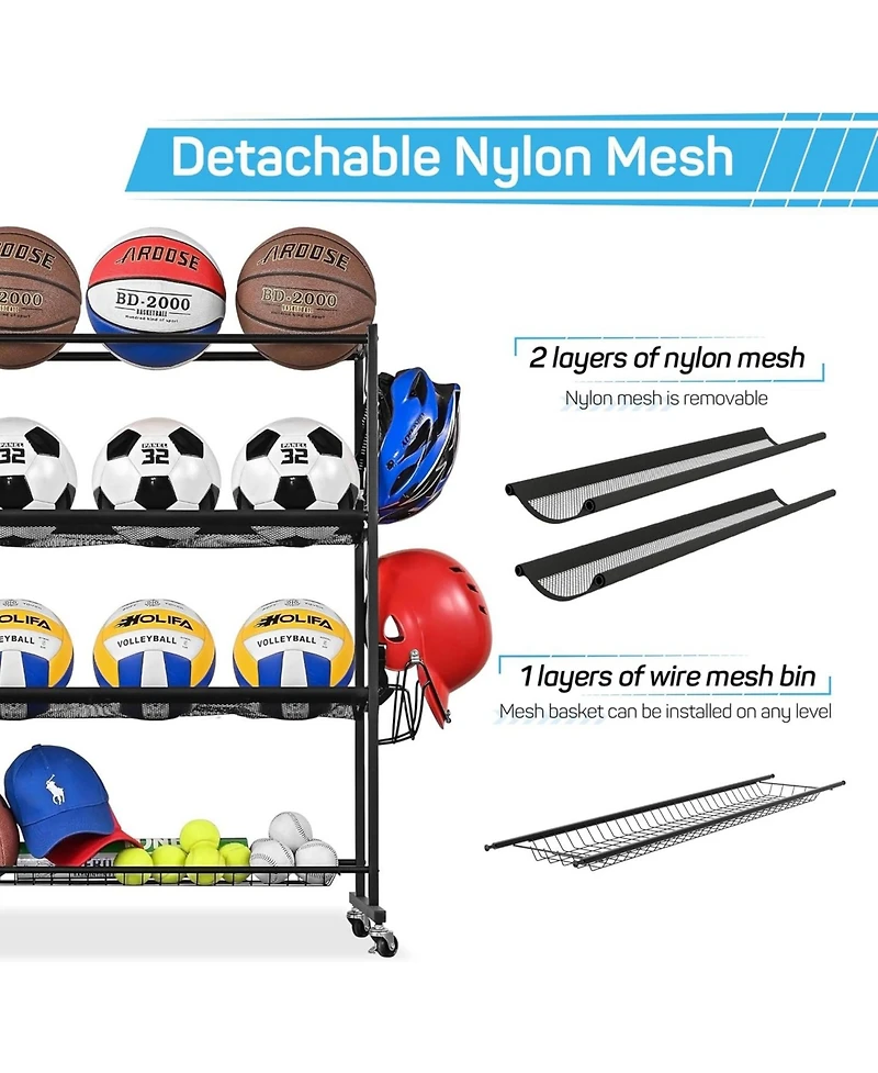 Mythinglogic Basketball Rack, Ball Storage with Baseball Bat Holder, Rolling Ball rack with Removable Nylon Mesh for Various Ball Sizes