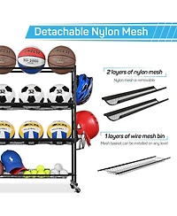 Mythinglogic Basketball Rack, Ball Storage with Baseball Bat Holder, Rolling Ball rack with Removable Nylon Mesh for Various Ball Sizes