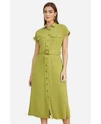 Yumi Women's Viscose Linen Look Midi Shirt Dress