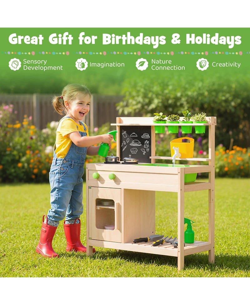 Mecale Kids Mud Kitchen Pretend Play Set with Chalkboard for Ages 3