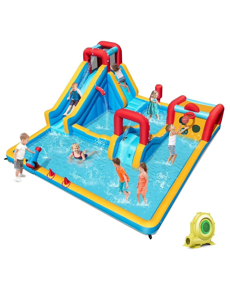 Mecale 9-in-1 Inflatable Double Water Slide Park Giant Bounce House, 735W Blower Included