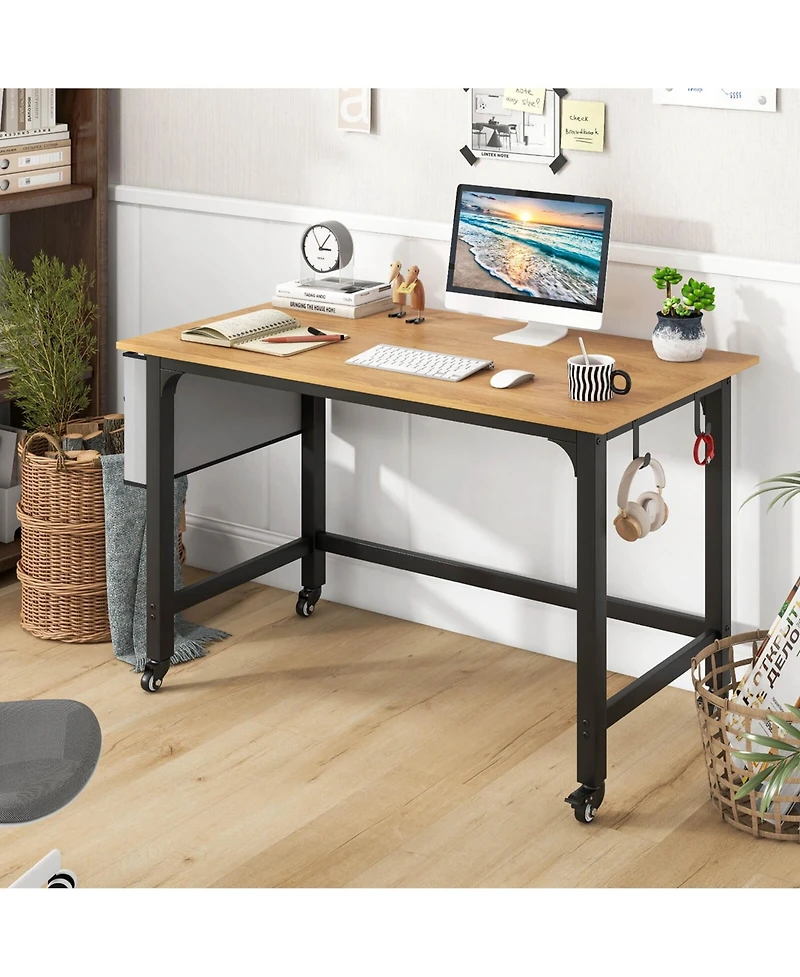 2 Pcs Rolling Computer Desk Metal Frame Pc Laptop Table Wood Top Study Workstation