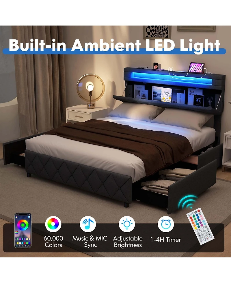 Full Size Bed Frame with Led Lights & Charging Station & Modern Upholstered Bed