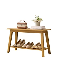 Modern wood entryway bench with storage shelf—space saving seating for hallways, bedrooms, living rooms, or narrow areas.