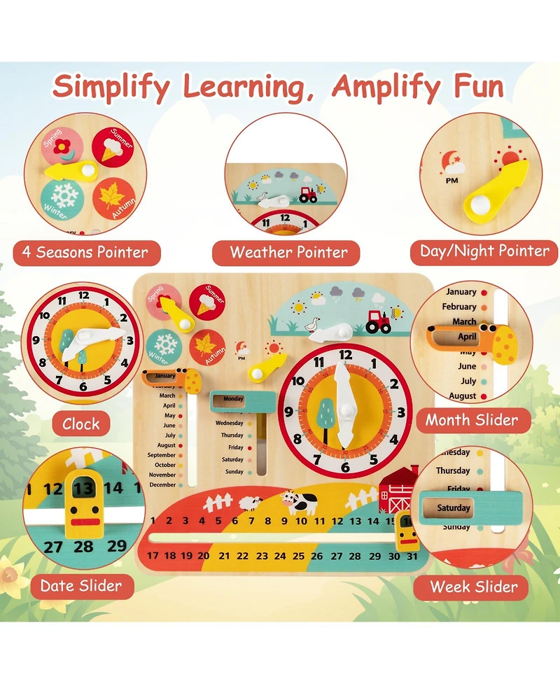 Mecale Montessori Wooden Learning Clock Toy for Toddlers, Seasons Theme