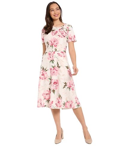 London Times Women's Printed Boat Neck Dress