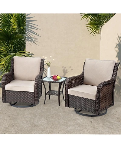 gaomon Swivel Wicker Glider Patio Chairs, 3 Piece Outdoor Wicker Rattan Swivel Rocking Chair Set, 360-Degree Rocking Chair, Armored Glass Side Table