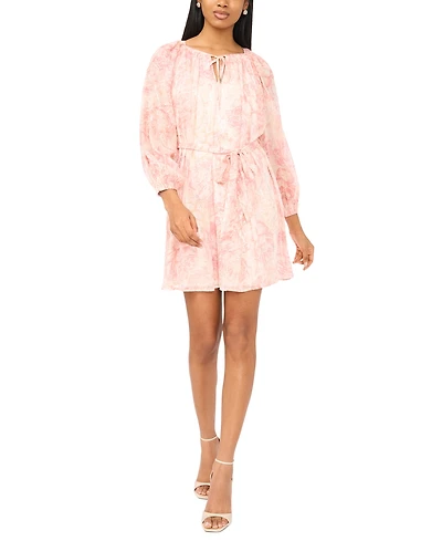 Msk Petite Printed Long-Sleeve Round Neck Dress
