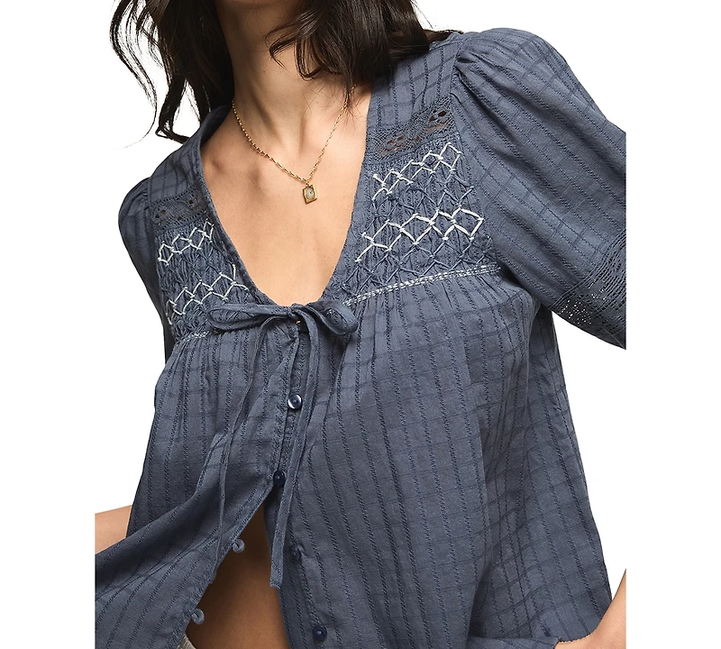 Lucky Brand Women's Smocked Yoke Button-Down Top