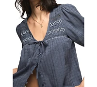 Lucky Brand Women's Smocked Yoke Button-Down Top