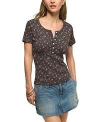 Lucky Brand Women's Crochet Trim Short-Sleeve Henley Top