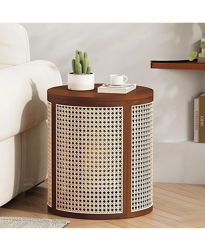 Rainsken Round Solid Wood Nightstand, Hollow Woven Bedside Table, Compact Accent End Table for Living Room, Bedroom