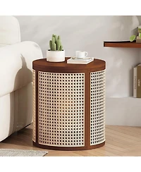 Rainsken Round Solid Wood Nightstand, Hollow Woven Bedside Table, Compact Accent End Table for Living Room, Bedroom