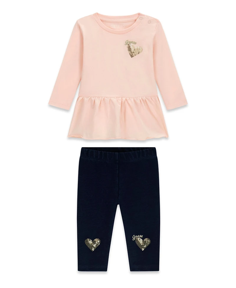 Guess Baby Girls' Long-Sleeve Top and Knit Denim Pant, 2-Piece Set