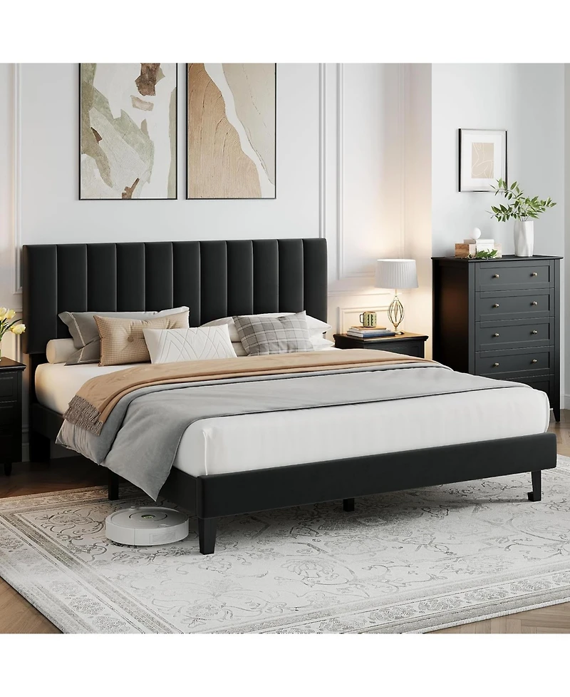 gaomon Bed Frame, Velvet Upholstered Platform with Adjustable Vertical Channel Tufted Headboard