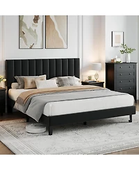 gaomon Bed Frame, Velvet Upholstered Platform with Adjustable Vertical Channel Tufted Headboard