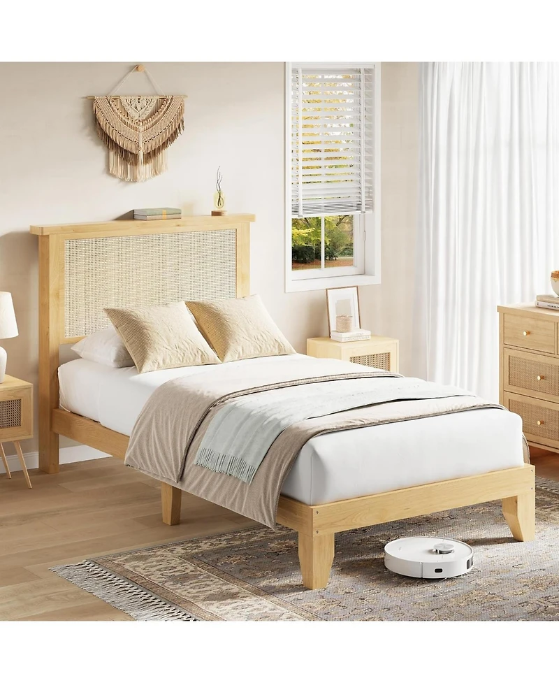 gaomon Rattan Bed Frame with Natural Rattan Headboard, Bohemian Rattan Bed Frame with Led Lights, Solid Wood Foundation