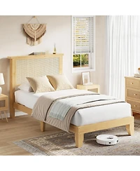 gaomon Rattan Bed Frame with Natural Rattan Headboard, Bohemian Rattan Bed Frame with Led Lights, Solid Wood Foundation