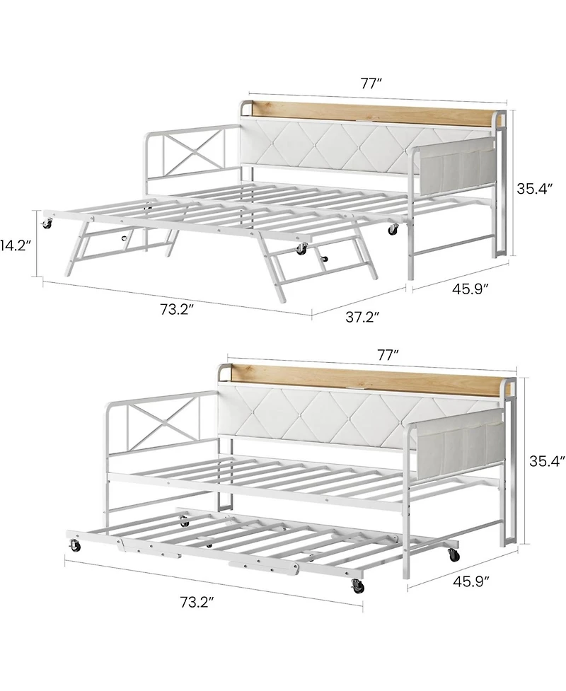 gaomon Daybed with Trundle and Led Light, Twin Size Bed Frame with Upholstered Headboard and Charging Station, Metal Frame Sofa Day Bed for Bedroom
