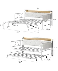 gaomon Daybed with Trundle and Led Light, Twin Size Bed Frame with Upholstered Headboard and Charging Station, Metal Frame Sofa Day Bed for Bedroom
