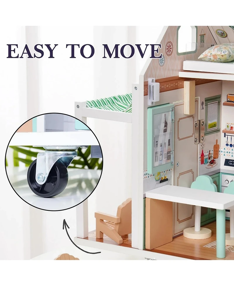 Robotime Dollhouses, Pretend Play Set Dollhouse with Wheels, Moveable Toy for Kids, 26.38"14.57"7.48