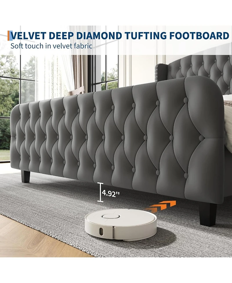 gaomon Bed Frame with Deep Button Tufted Wingback Headboard and Footboard, Velvet Upholstered Platform Bed Frame