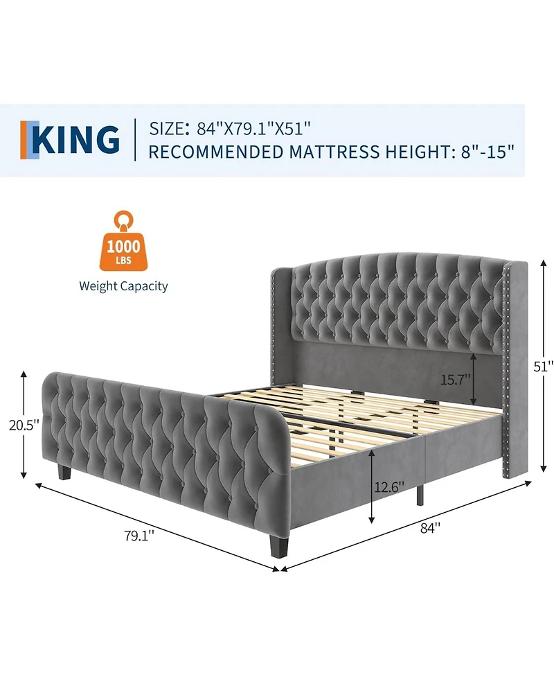 gaomon Bed Frame with Deep Button Tufted Wingback Headboard and Footboard, Velvet Upholstered Platform Bed Frame