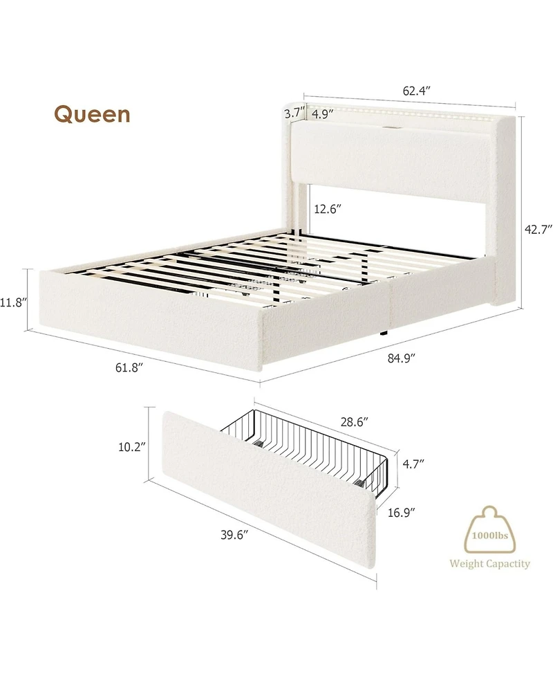 gaomon Led Bed Frame with 4 Storage Drawers and Headboard, Soft Boucle Upholstered Platform Charging Station Usb