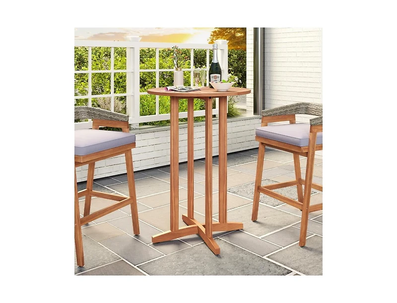 Slickblue 39 Inch Patio Acacia Wood Bar Height Table with Slatted Design