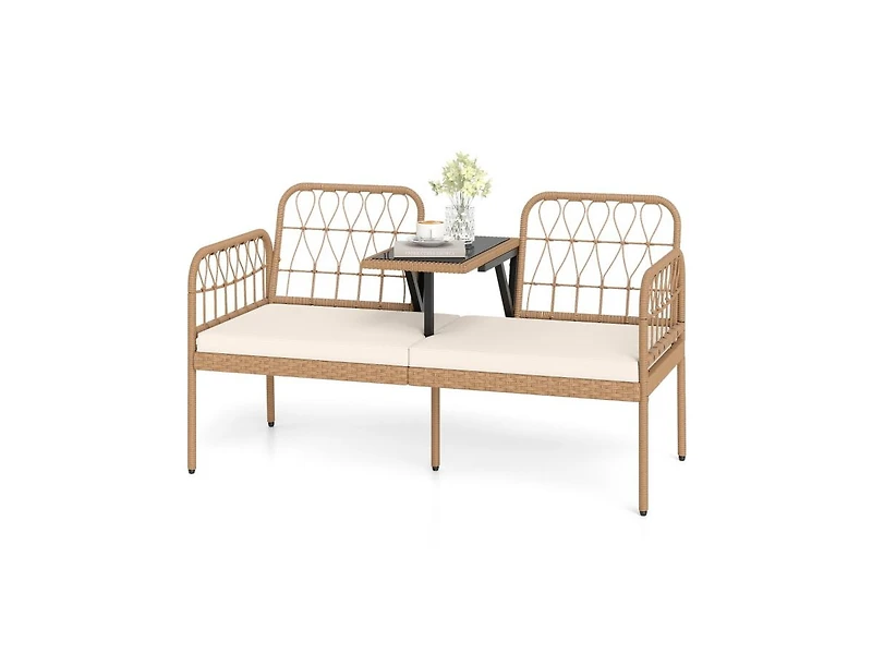 Slickblue Patio 2-Seater Rattan Loveseat with Coffee Table and Soft Cushions