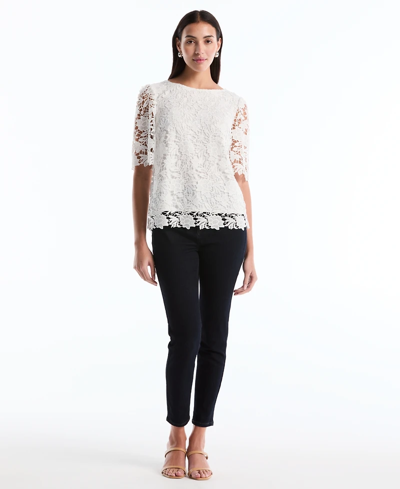 Rafaella Petite Scalloped Elbow-Sleeve Lace Top