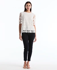 Rafaella Petite Scalloped Elbow-Sleeve Lace Top