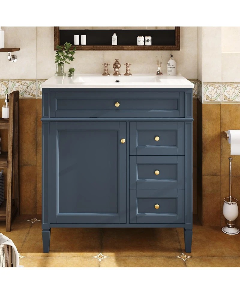 30" Blue Bathroom Vanity with Sink, Modern Freestanding Cabinet with 3 Soft Close Drawers & Adjustable Shelf for Bathroom Storage-Sillysis