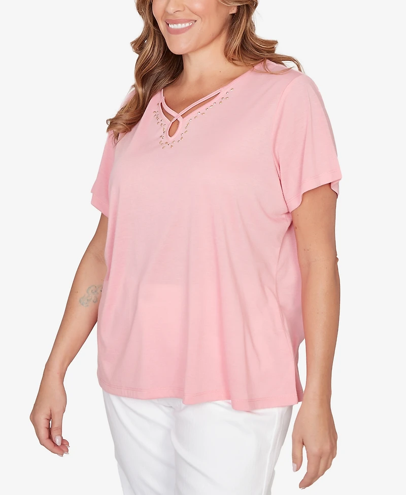 Hearts Of Palm Plus Solid Short-Sleeve Top with Keyhole Neckline