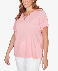 Hearts Of Palm Plus Solid Short-Sleeve Top with Keyhole Neckline