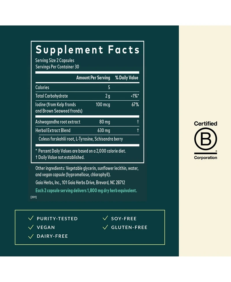 Gaia Herbs Thyroid Support - Made with Ashwagandha, Kelp, Brown Seaweed, and Schisandra to Support Healthy Metabolic Balance and Overall Well-Being