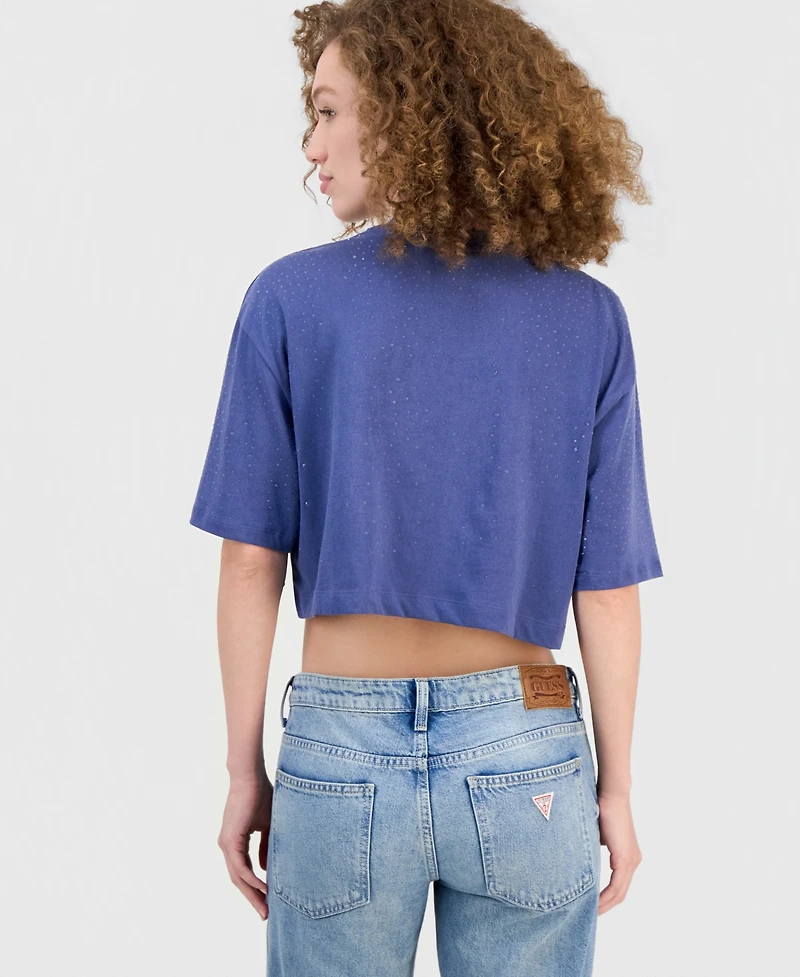 Guess Women's Rhinestone Embellished Crewneck Cropped T-Shirt