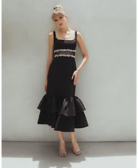 Mac Duggal Petite Crepe Midi Dress with Jewel Detail & Ruffle Hem