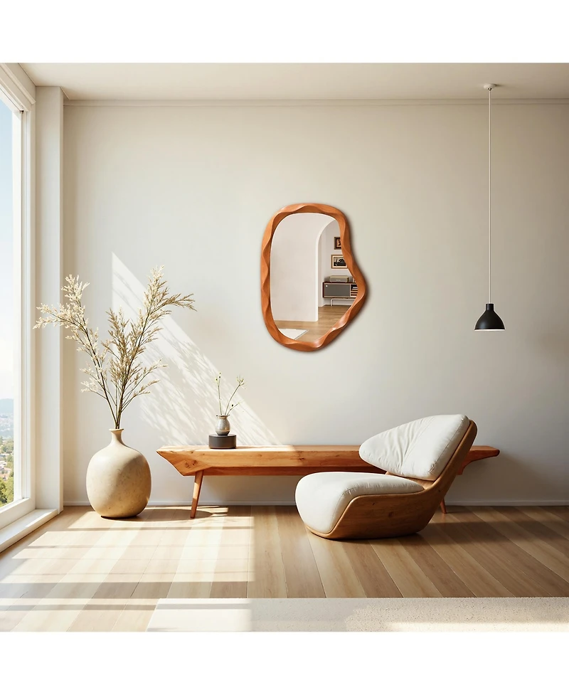 LuxenHome Natural Wood Finish Asymmetrical Mdf Frame Wall Mirror, 31.5” H x 22.6” W