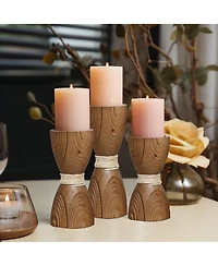 LuxenHome 3-Piece Pine Wood with Rattan Pillar Candle Holder Set