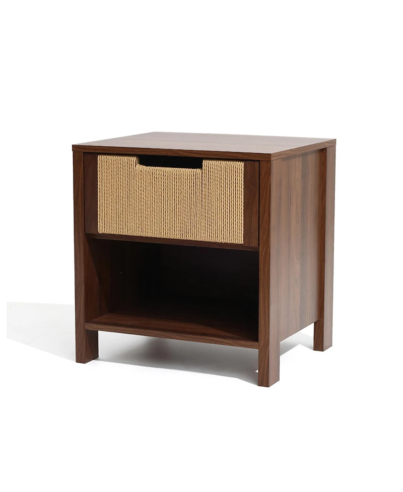 LuxenHome Walnut Finish Mdf Wood with Rope Front 1-Drawer Nightstand and End Table