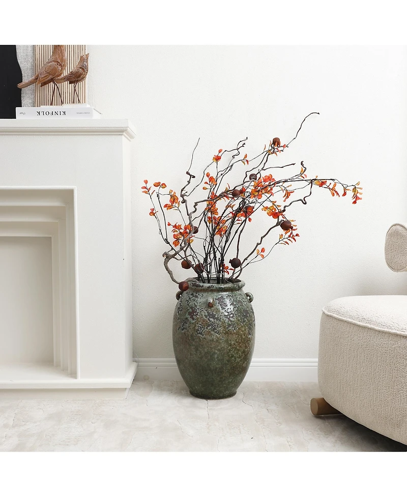 LuxenHome Antiqued Terracotta Jar Vase, Rustic 17-Inch Green & Brown Flower Holder