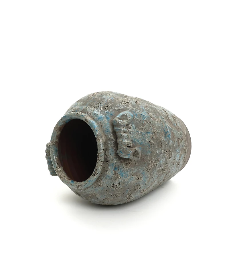 LuxenHome Antiqued Blue & Brown Terracotta Vase with Handles, 12" Tall Farmhouse Vintage Pottery