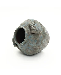 LuxenHome Antiqued Blue & Brown Terracotta Vase with Handles, 11" Round Farmhouse Vintage Pottery