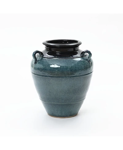 LuxenHome Ocean Blue Ceramic Vase with Handles, 15.75" Tall Amphora Pot for Rustic or Coastal Decor