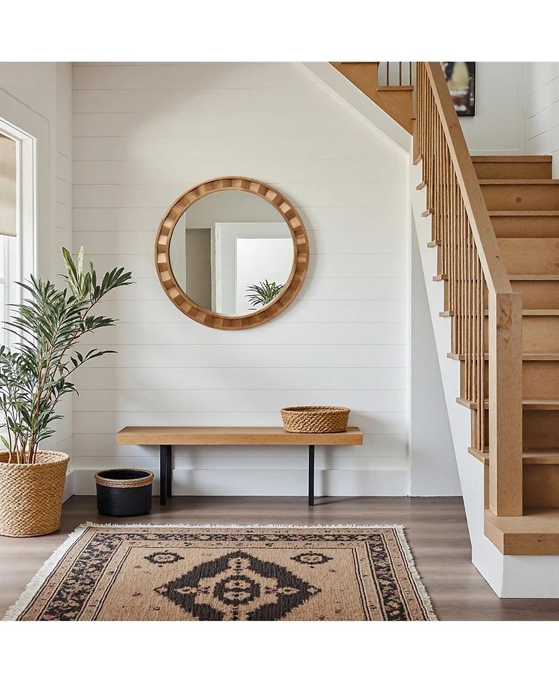 LuxenHome Natural Wood Frame Round Wall Mirror, 28” Rustic Wooden Decor