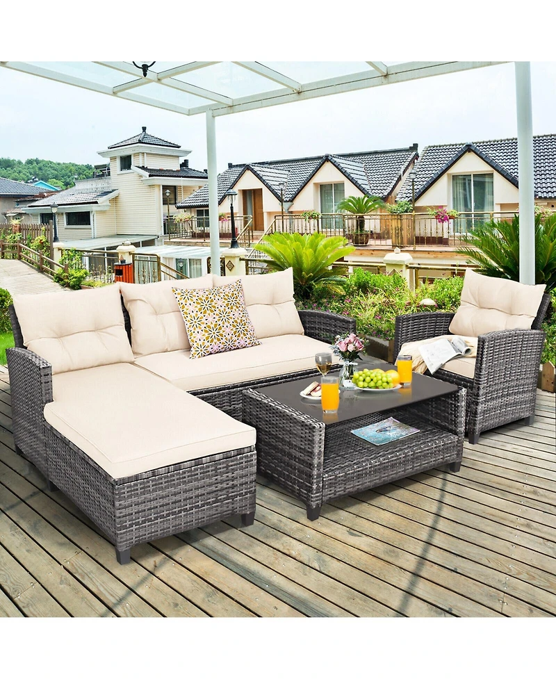 4 Pieces Patio Rattan Sofa Furniture Set with Cushion and 2-Tier Coffee Table